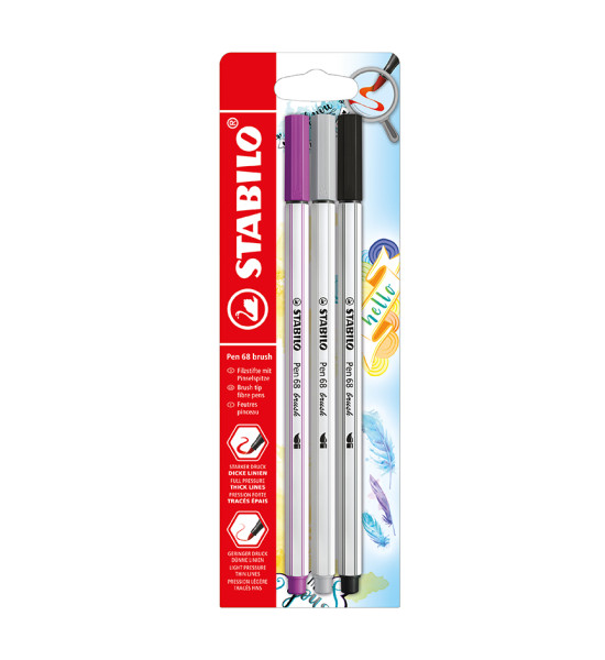 Marcador, Pen 68 Brush, Punta Pincel Flexible, Blister x 3 Unds. Azul, Negro, Rojo